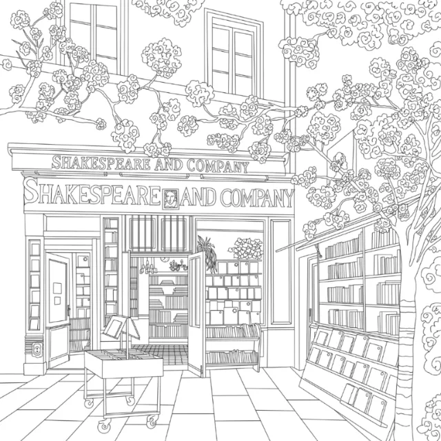 Chrissy Lau line illustration of the Shakespeare and Company bookstore facade
