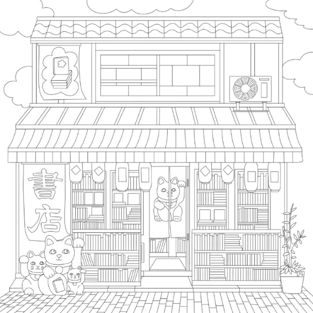 Chrissy Lau illustration of a Chinese bookstore with bookshelves, cats, plants, and tiled pavement