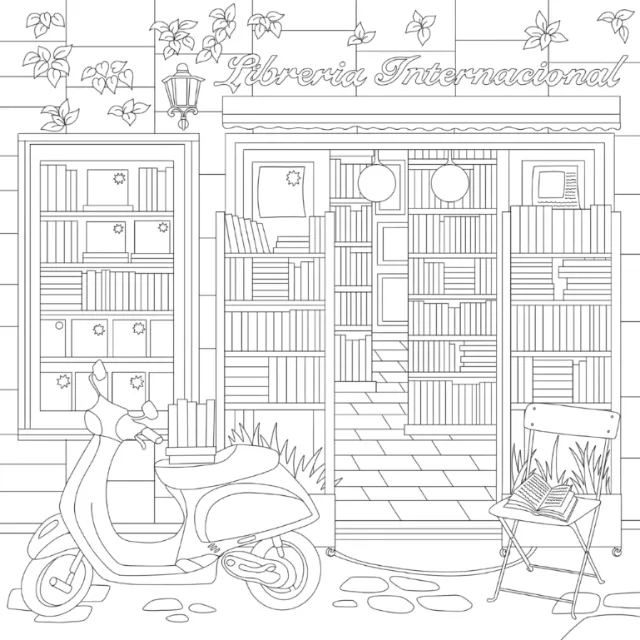 Chrissy Lau line drawing of a bookstore storefront with a scooter and chair