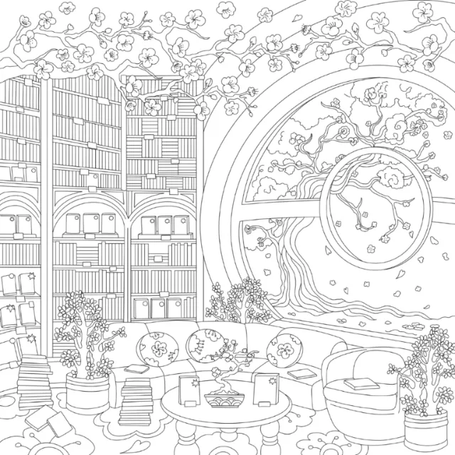 Chrissy Lau line drawing of a cozy library with plants, bookshelves, seating, and circular window
