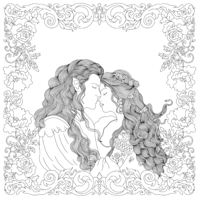 Chrissy Lau illustration of two women kissing within an ornate floral frame
