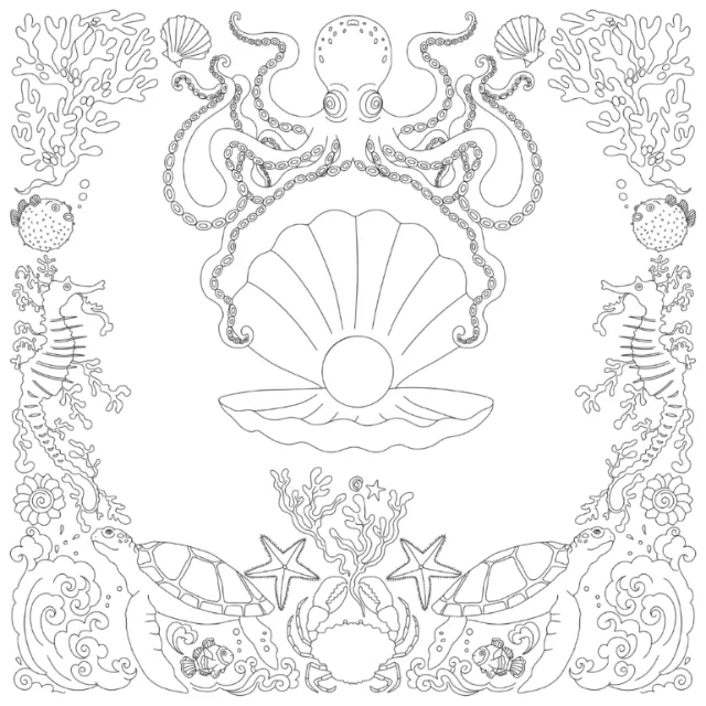 Chrissy Lau ocean illustration with octopus, shells, coral, turtles, and starfish