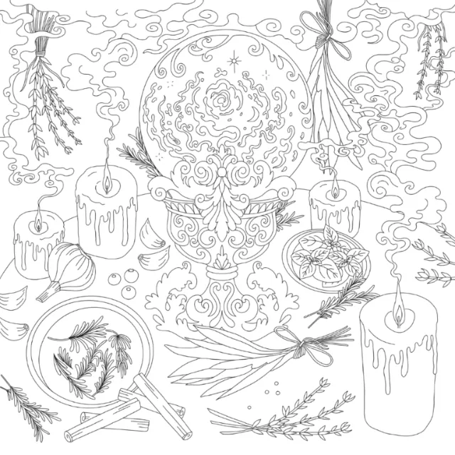 Chrissy Lau illustration of an ornate crystal ball, candles, herbs, flowers, and clouds