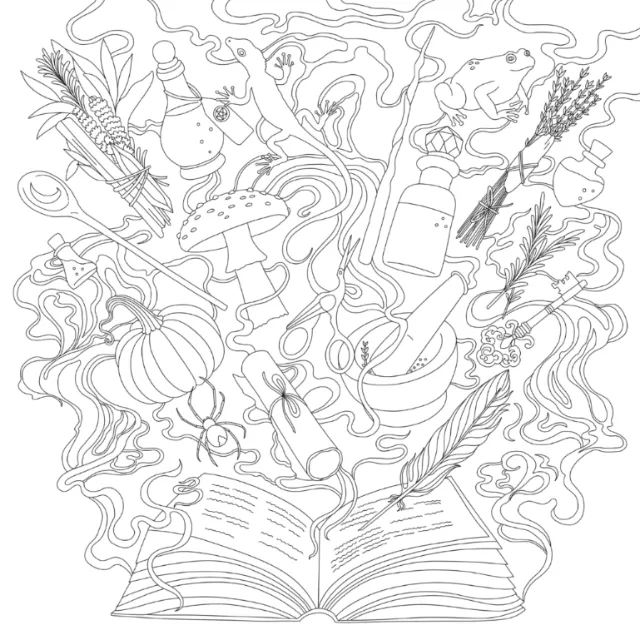 Chrissy Lau illustration of an open book surrounded by plants, mushrooms, and magical objects