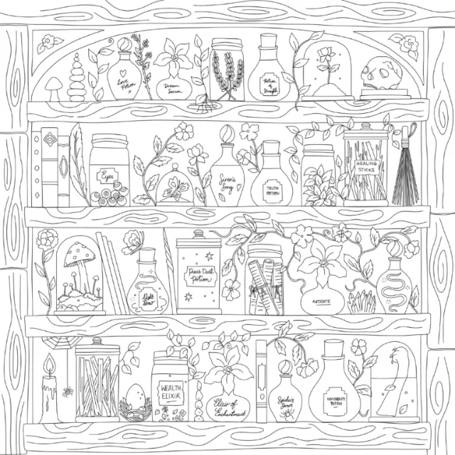 Black-and-white apothecary shelf illustration by Chrissy Lau with jars, plants, books, and flowers.