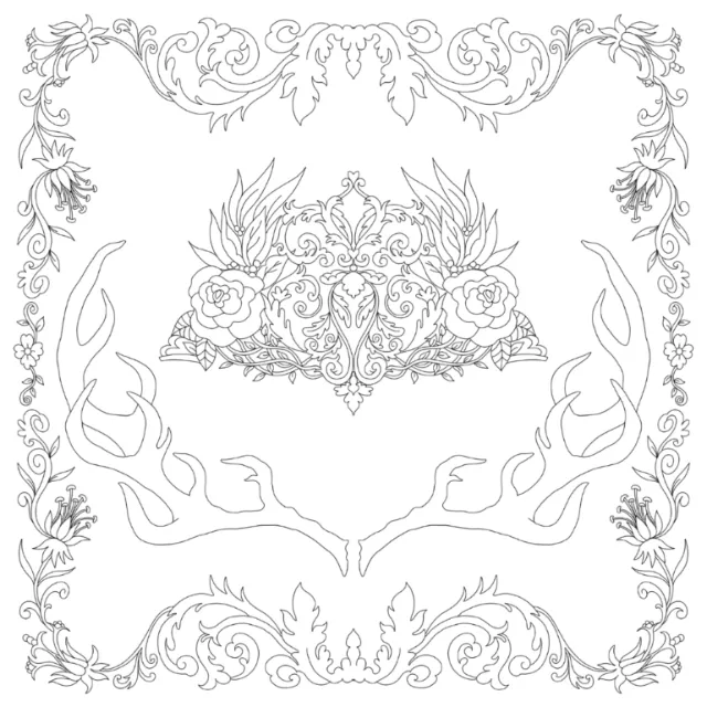 Ornate floral frame illustration with symmetrical botanical centerpiece by Chrissy Lau
