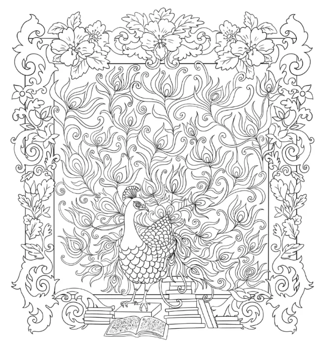 Chrissy Lau illustration of a peacock surrounded by flowers and open books