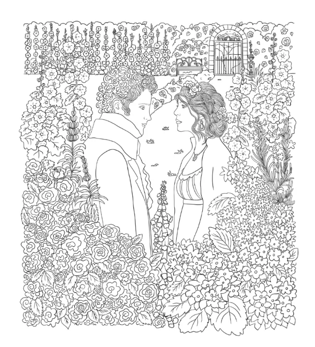 Chrissy Lau illustration of a couple embracing in a flower-filled garden