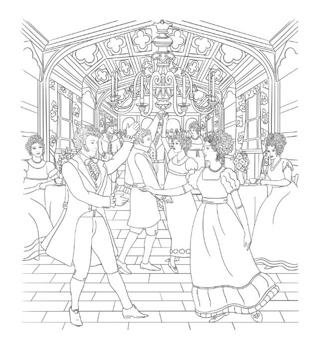 Line-art dancers in an ornate hall by Chrissy Lau