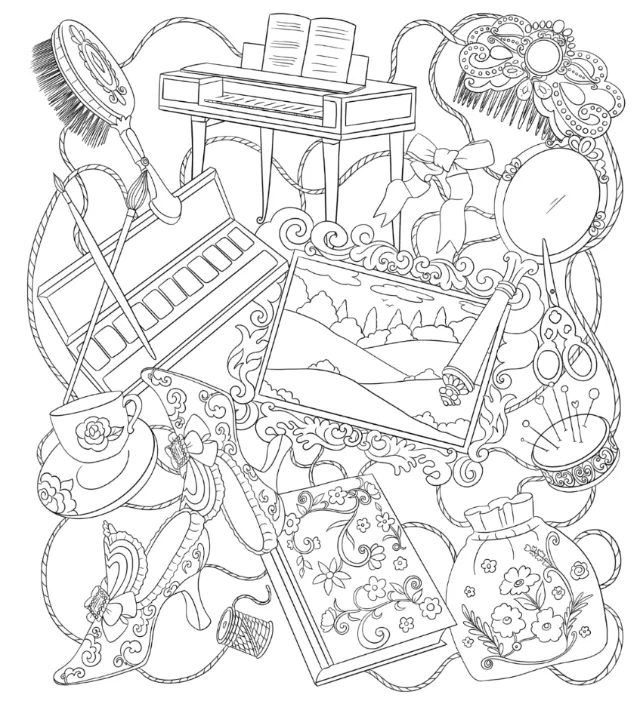 Whimsical still life coloring illustration by Chrissy Lau with books and floral objects