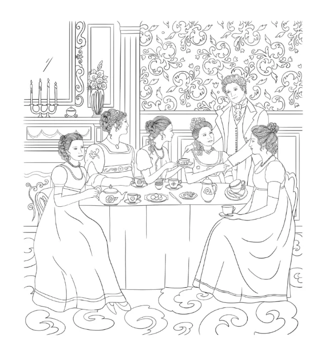 Chrissy Lau illustration of women sharing tea around a dining table