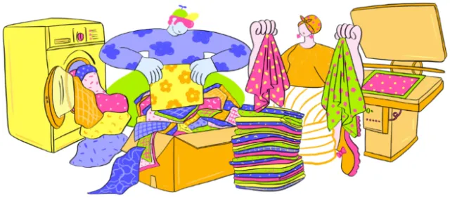Colorful laundry scene illustrated by Chrissy Lau, with people sorting clothes