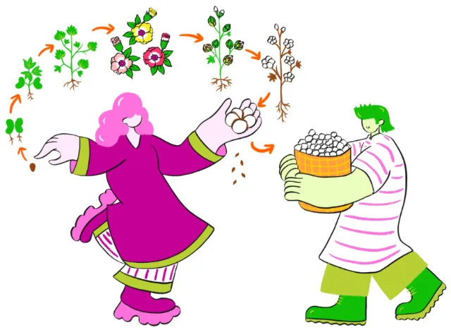 Illustration by Chrissy Lau showing two colorful women with flowers and a pastry basket