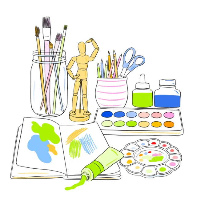 Chrissy Lau illustration of colorful art supplies, brushes, paints, scissors, and sketchbook