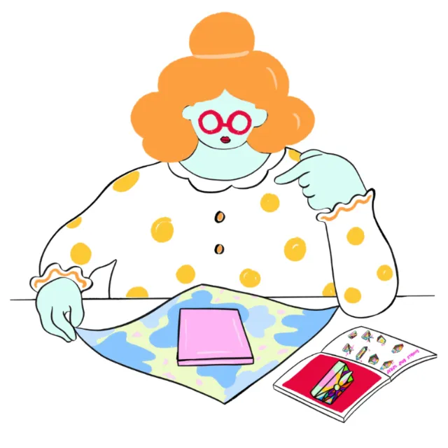 Illustration by Chrissy Lau of a woman reading at a colorful table