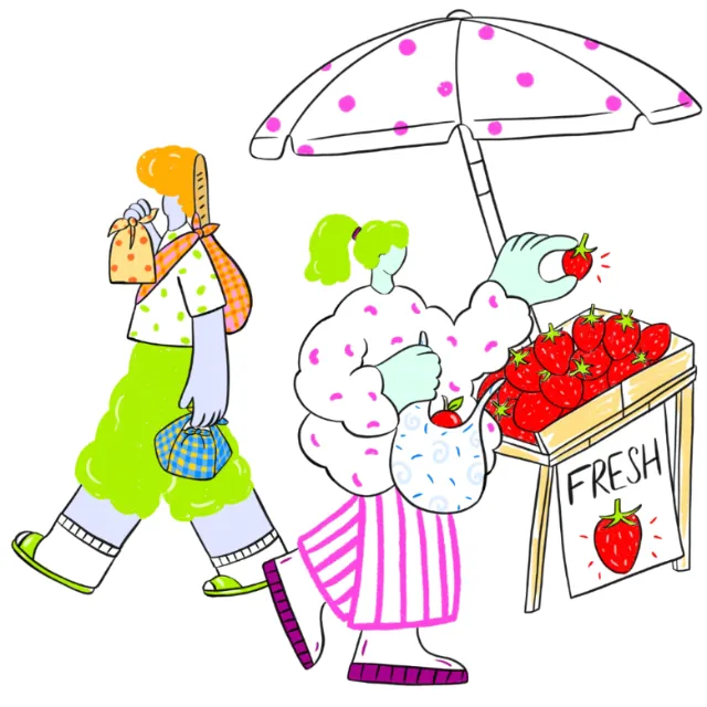 Chrissy Lau illustration of shoppers and strawberries beneath a pink umbrella