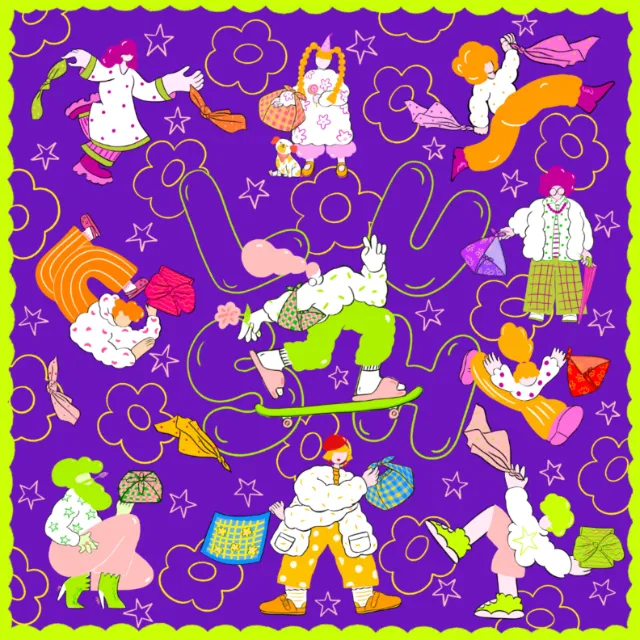Whimsical purple pattern illustration by Chrissy Lau with colorful characters and flowers