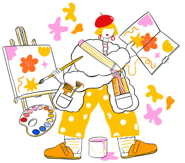 Colorful painter illustration by Chrissy Lau with canvases, brushes, palette, and paint cans