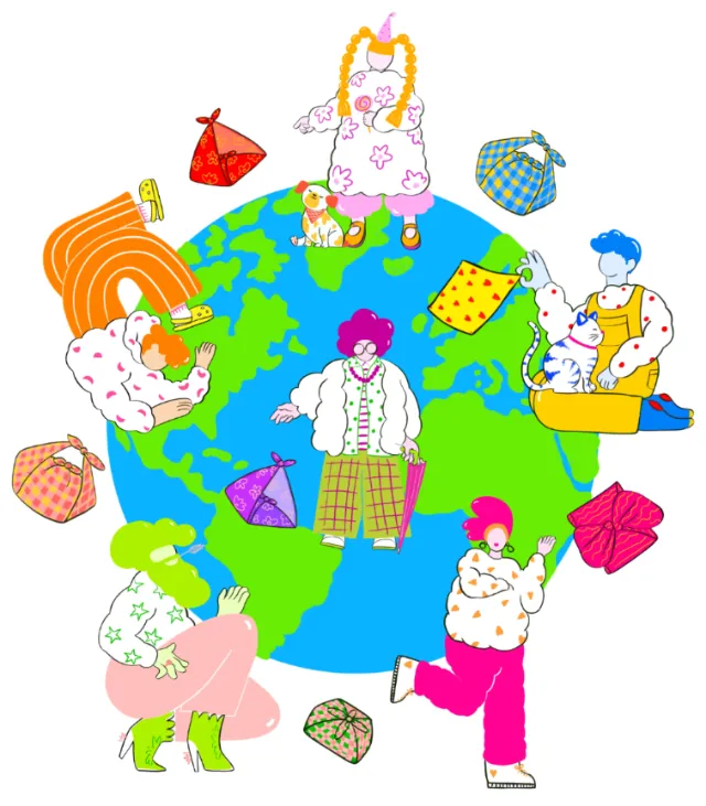 Chrissy Lau illustration of colorful figures and objects surrounding a bright globe