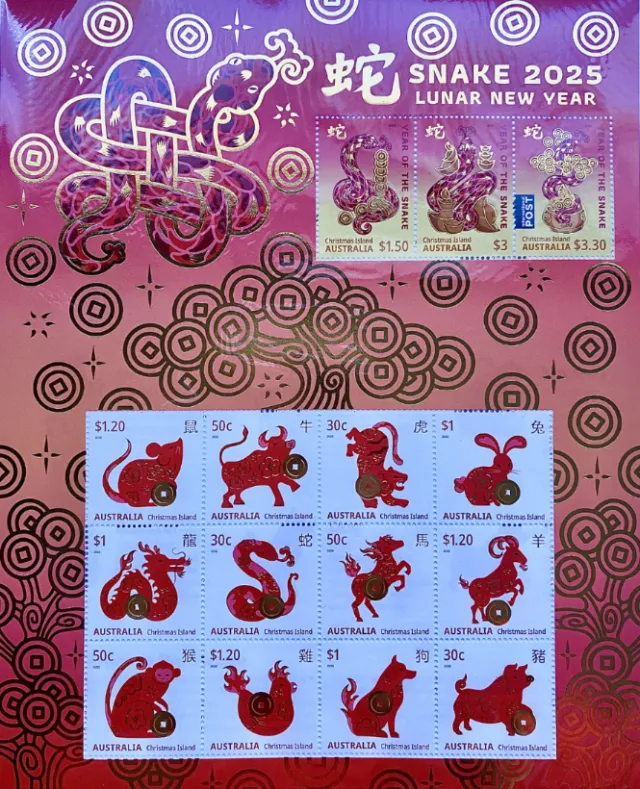 Chrissy Lau artwork featuring colorful Australian Snake Lunar New Year stamps
