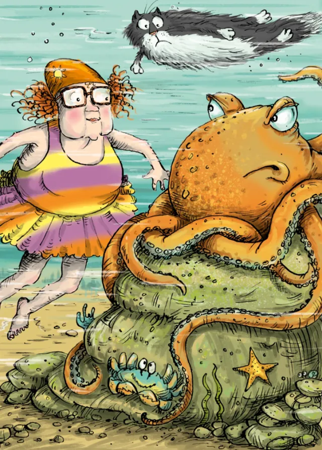 Sholto Walker illustration of an elderly woman, cat, and octopus underwater