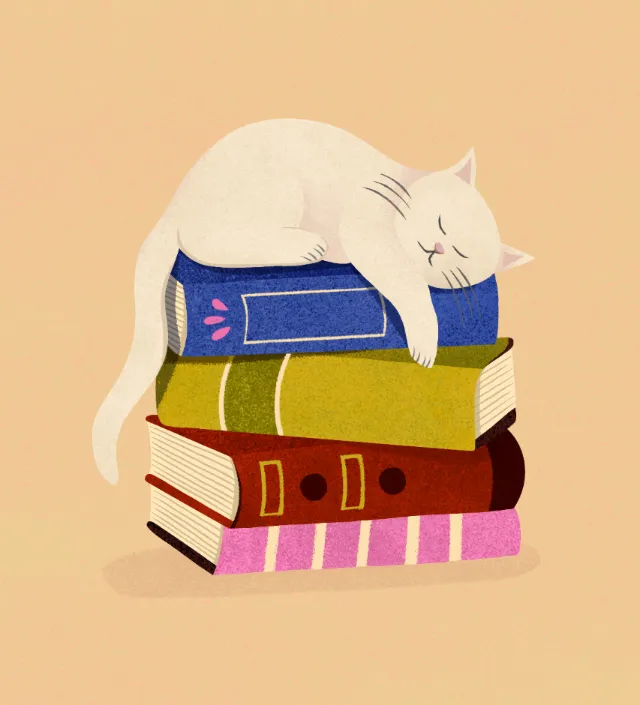Illustration by Barbara Tamilin of a sleeping white cat atop colorful books