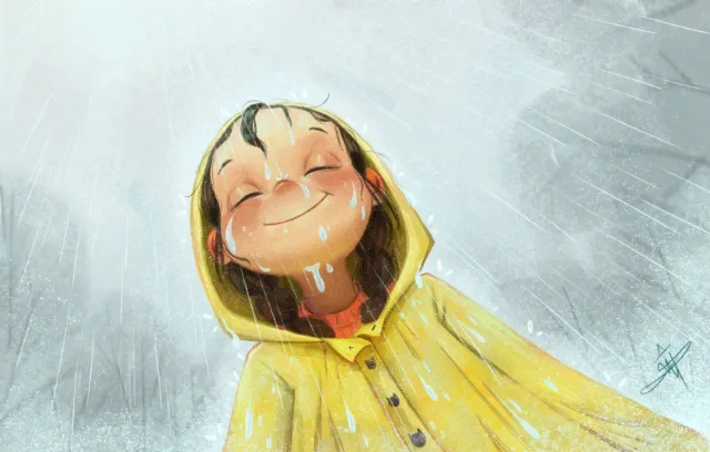 Danielle Pioli illustration of a smiling girl in a yellow raincoat