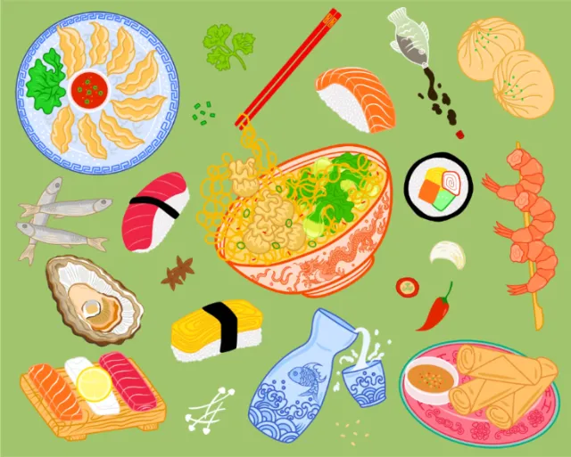 Food collage illustration by Chrissy Lau featuring sushi, noodles, seafood, and vegetables