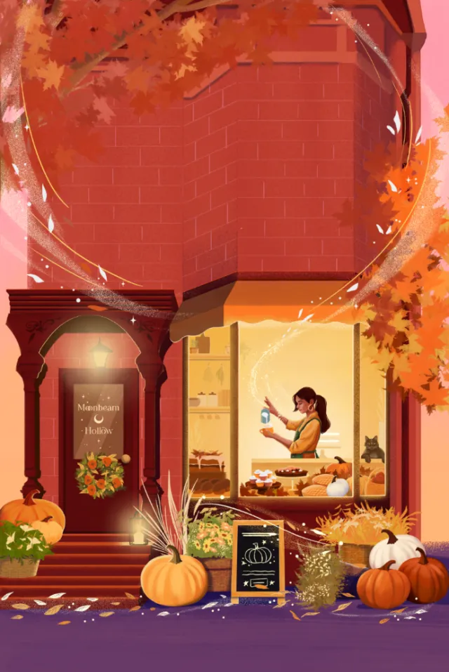 Autumn bookshop storefront with pumpkins and a reader, illustrated by Andressa Meissner.