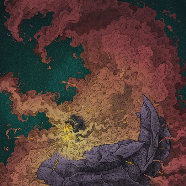 Rino Pelli illustration of a winged creature emerging from glowing swirling smoke