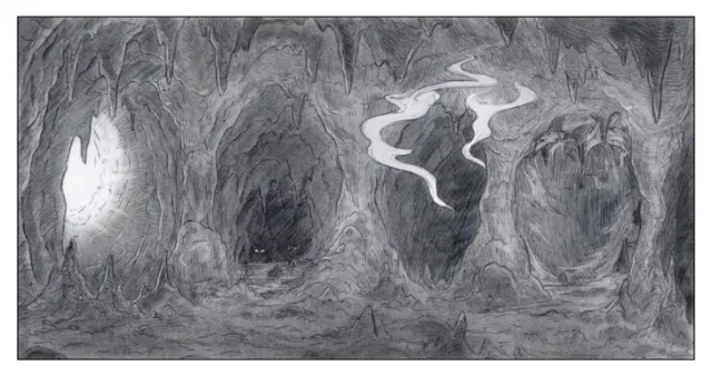 Monochrome cave landscape illustration by Rino Pelli with smoke and glowing light