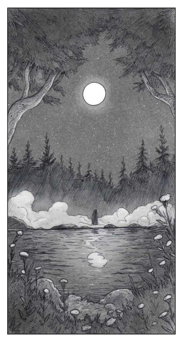 Grayscale moonlit lake illustration by Rino Pelli with a lone figure
