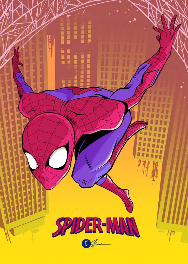 Spider-Man swinging through a city, illustrated by PJ Kaiowa