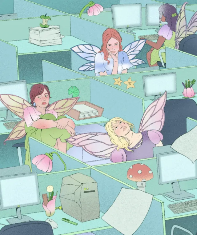 Debs Lim illustration of fairies relaxing and working in a pastel office
