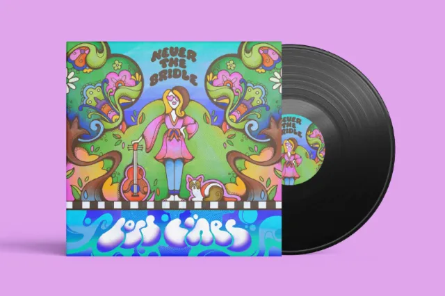 Laura Greenan album artwork for Never The Bridle with a cat, trees, and vinyl record