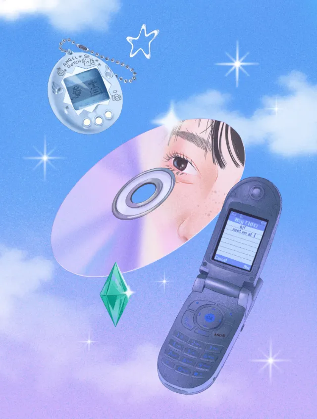 Julia Prokhotskaya In Colour collage with a flip phone, CD, camera, crystal, and stars
