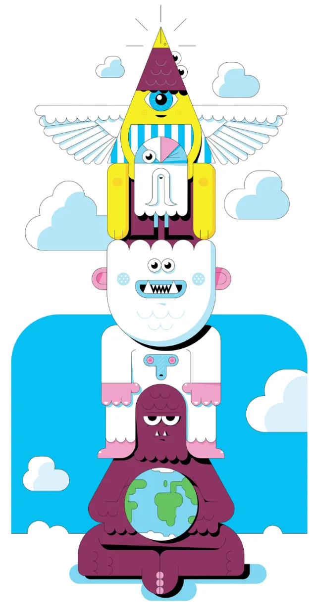 Colorful stacked totem character illustration by Tim Bradford