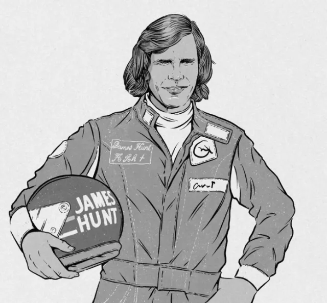 Cat Sims illustration of F1 driver James Hunt holding a racing helmet