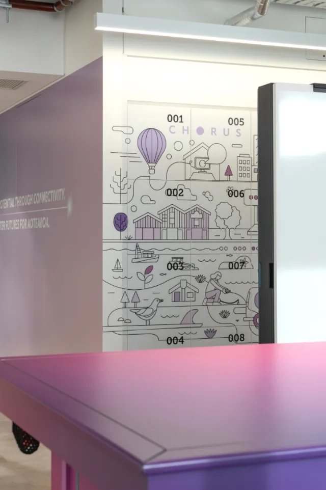 Greg Straight mural with numbered city scenes and figures on an interior wall