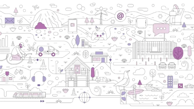 Whimsical purple-accented city illustration by Greg Straight