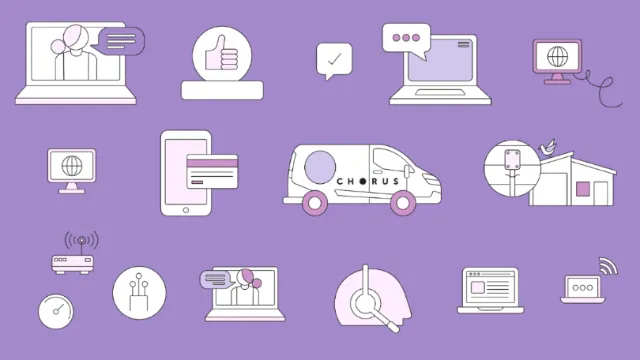 Digital communication icons on purple background, illustrated by Greg Straight