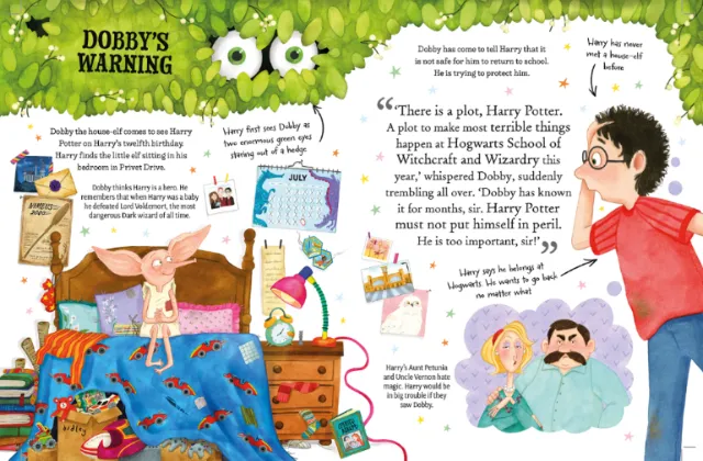 Helen Brady illustration of Harry Potter reading Dobby's warning in a colorful bedroom.