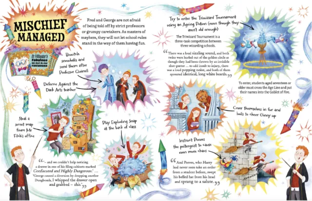 Illustrated Mischief Managed book spread by Helen Brady with magical characters