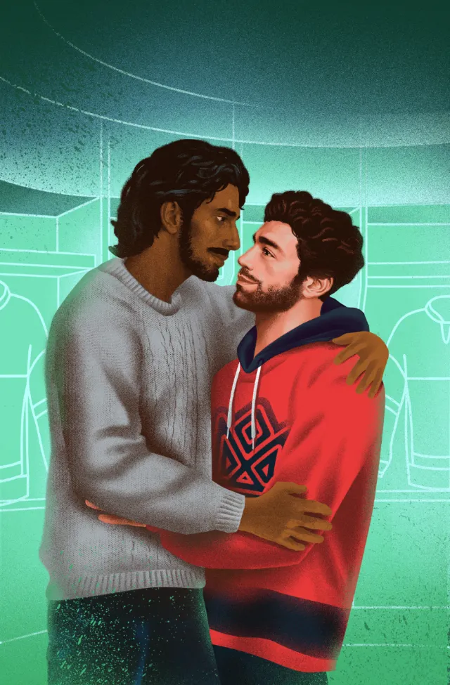 Andrei Nicolescu illustration of two men embracing on a turquoise indoor court