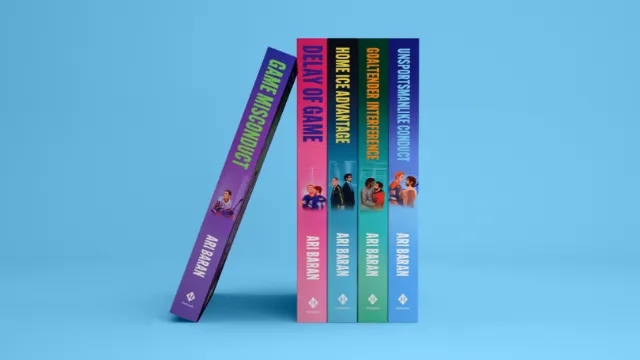 Colorful books on blue background in artwork by Andrei Nicolescu
