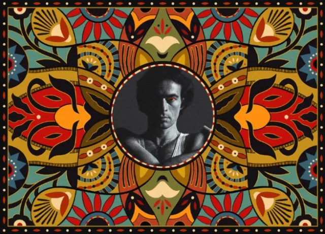 Barbara Tamilin artwork featuring a monochrome portrait within a colorful symmetrical pattern