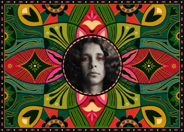 Barbara Tamilin artwork showing a monochrome woman’s portrait in an ornate colorful symmetrical fr