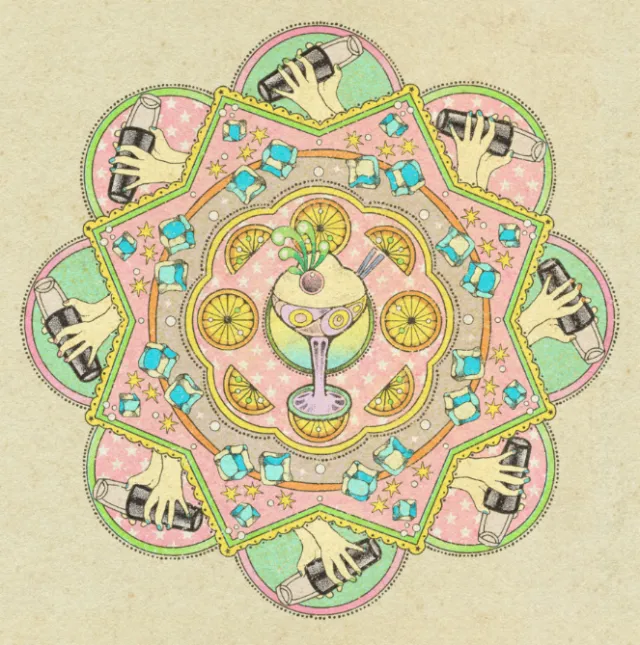Lydia Silver illustration of a retro cocktail in a kaleidoscopic pattern