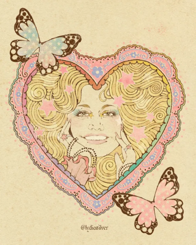 Lydia Silver illustration of Dolly Parton inside a heart with butterflies
