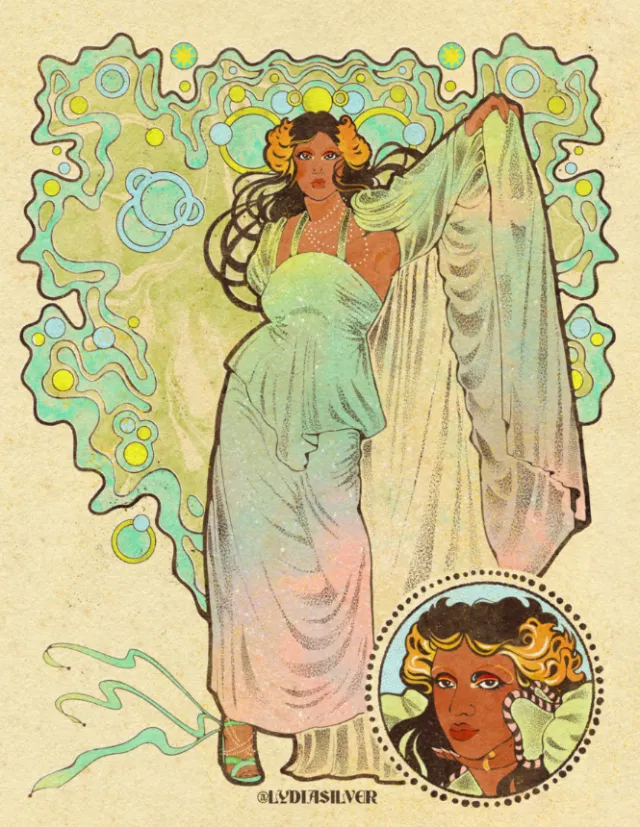 Illustration by Lydia Silver portraying singer-songwriter Asha Puthli in a flowing dress